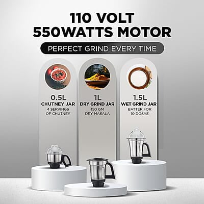 Preethi Steele 110 V, MG-206, 550 Watt, 3 Jars, Turbovent Technology, 2 years product warranty