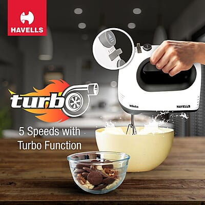 Havells Whisko 300 watt Hand Mixer with Single Eject Button, 5 Speed Turbo Function, Stainless Steel Hooks