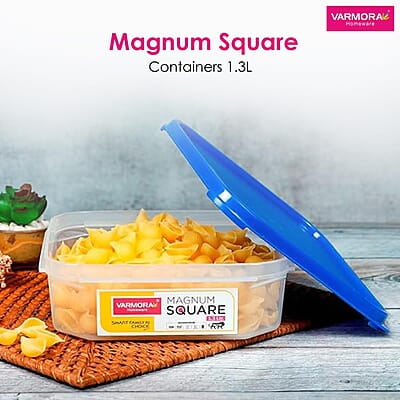 Varmora Magnum Square Smart Kitchen Storage Plastic Container – Blue Lid (1.3 Litres)(Pack of 4)