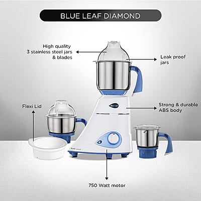 Preethi Blue Leaf Diamond MG-214 750 Watt Mixer Grinder with 3 Jars (Wet Grinding (1.5 litres) + Dry Grinding Jar (0.5 litre) + Chutney Jar (0.4 litre)Stainless steel)