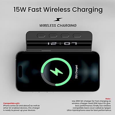 Portronics Freedom 4A Digital Alarm Clock with 15 W Fast Wireless Mobile Charger, Compatible with The iPhone Series