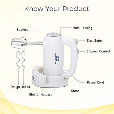 KENT 150W 16050, 5 Speed Control, Copper Motor, Multiple Beaters, Overheating Protection, Food Grade Plastic Body Hand Blender (White)
