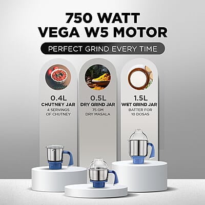 Preethi Blue Leaf Diamond MG-214 750 Watt Mixer Grinder with 3 Jars (Wet Grinding (1.5 litres) + Dry Grinding Jar (0.5 litre) + Chutney Jar (0.4 litre)Stainless steel)