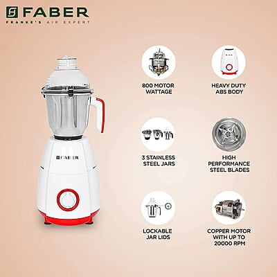 Faber Crown 800W Blender Mixer Grinder, 3 SS clip lock jars and blades  copper motor, up to 20000 rpm speed