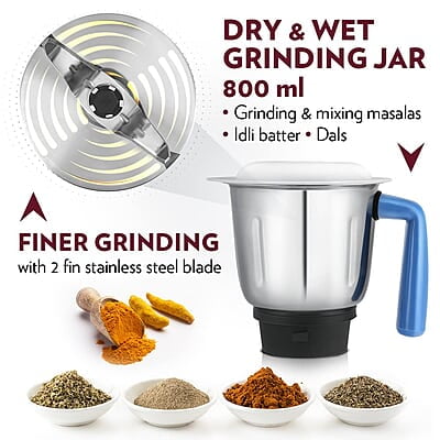 Borosil Star Mixer Grinder, For Wet/Dry Mixing & Grinding, 500 Watts, 3 Jars (400 ml Chutney Jar, 1.2 L Multipurpose Jar, 0.8 L Dry/Wet Grinding Jar), Mixie For Kitchen, Blue