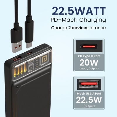 Portronics Luxcell C 10K 10000 mAh 22.5W Fast Charging Power Bank, Ultra Slim Power Bank with Mach USB-A Output, Type C PD Output, Type C Input, LED Indicator, Wake Up Button (Black) Portronics Luxcell C 10K 10000 mAh 22.5W Fast Charging Power Bank, Ultra Slim Power Bank with Mach USB-A Output, Type C PD Output, Type C Input, LED Indicator, Wake Up Button (Black)