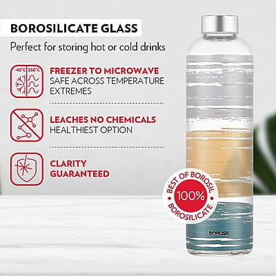 Borosil Artisan Series Glance 1000 ml Narrow Mouth Glass Bottle with Metal Lid | 100% Borosilicate, Fridge Safe, Leakproof, Easy to Carry | Store Water, Lassi, Juice, Smoothies | Dishwasher Safe