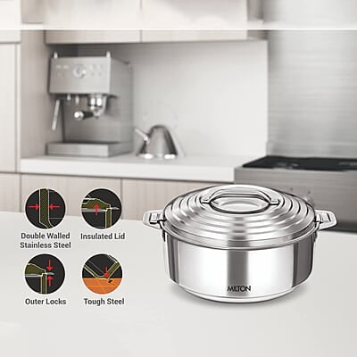 MILTON Galaxia Double Walled Stainless Steel Casserole, Set of 3, (1.2 Litre, 2.09 Litre, 2.45 Litre), Silver MILTON Galaxia Double Walled Stainless Steel Casserole, Set of 3, (1.2 Litre, 2.09 Litre, 2.45 Litre), Silver