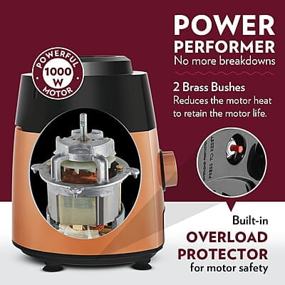 Borosil Fortuner Mixer Grinder Blender Juicer, Copper Motor, For Wet/Dry Mixing & Grinding, Blending Smoothies & Juicing Fruits 1000 Watts, 4 Jars (0.4L+1L+1.2L) (1.5L+1.5L+1.2L+0.4L)