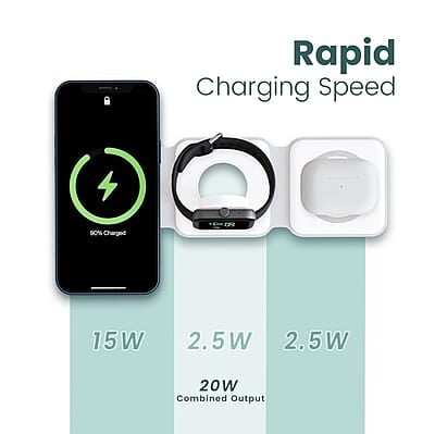 Ambrane 3-in-1 Wireless Charger with 20W BoostedSpeed for iPhone 14/13/12/11/X/8 Series, Galaxy S22/S21/S20/Note20/10/10+ Series, Foldable Design, Wide Compatibility