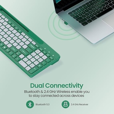 Portronics Bubble Square Wireless Keyboard with Bluetooth + 2.4 GHz USB Receiver (Dual Connectivity), Pair 3 Devices Max, Multimedia Hotkeys, for Laptop, PC, Smartphone, Tablet Portronics Bubble Square Wireless Keyboard with Bluetooth + 2.4 GHz USB Receiver (Dual Connectivity), Pair 3 Devices Max, Multimedia Hotkeys, for Laptop, PC, Smartphone, Tablet