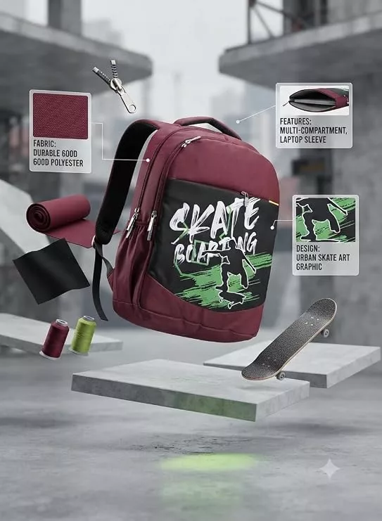 Skateboarding Graphic Backpack, Maroon and Black