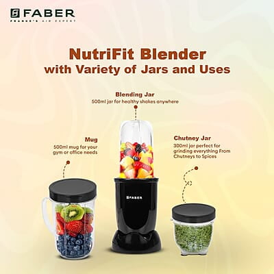 Faber Sportz Blender FSB 3-in-1 Nutrifit Nero 3 PC Jar 500ML+300ML+500ML Mug 400W Faber Sportz Blender FSB 3-in-1 Nutrifit Nero 3 PC Jar 500ML+300ML+500ML Mug 400W