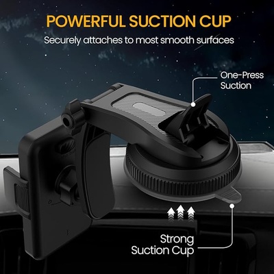 Portronics Clamp M5 Car Phone Holder Stand with Grip Rotation, Strong Hold, Suction Cup Mount, Single Hand Use, Shockproof Build, Mobile Stand for Car (Black) Portronics Clamp M5 Car Phone Holder Stand with Grip Rotation, Strong Hold, Suction Cup Mount, Single Hand Use, Shockproof Build, Mobile Stand for Car (Black)