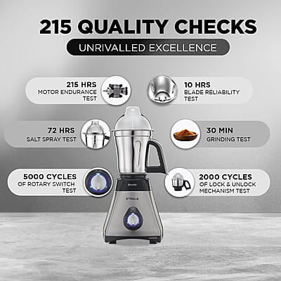 Preethi Steel Supreme MG-208 mixer grinder, 750 watt (Silver/ Black), 4 jars - Super Extractor juicer Jar, Vega W5