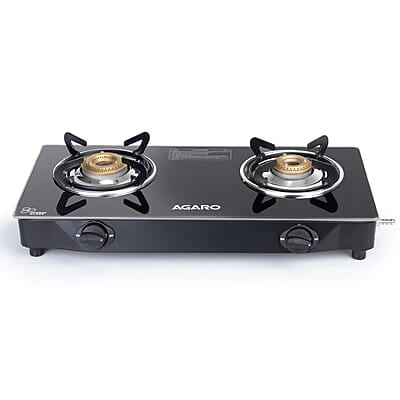AGARO Elite 2 Burners Gas Stove, Toughened Glass Top, Round Brass Burners, 1 Small & 1 Medium Size Burner AGARO Elite 2 Burners Gas Stove, Toughened Glass Top, Round Brass Burners, 1 Small & 1 Medium Size Burner