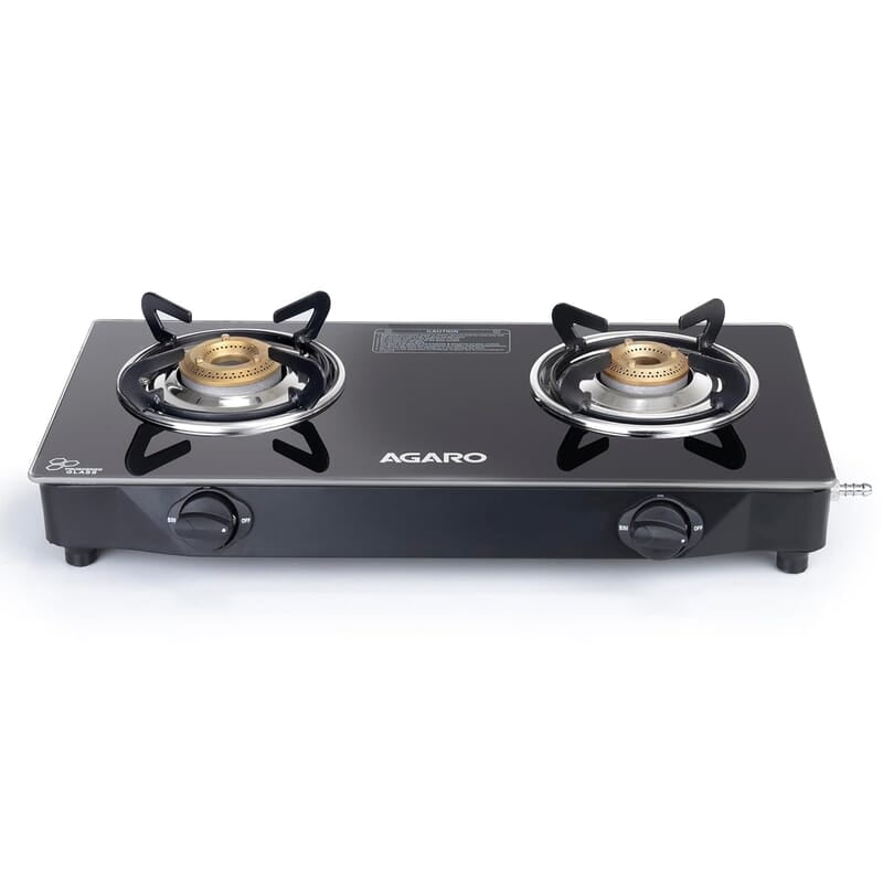 AGARO Elite 2 Burners Gas Stove, Toughened Glass Top, Round Brass Burners, 1 Small & 1 Medium Size Burner AGARO Elite 2 Burners Gas Stove, Toughened Glass Top, Round Brass Burners, 1 Small & 1 Medium Size Burner