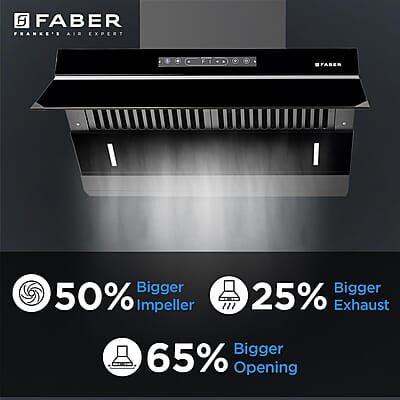 Faber 90cm 1500m³/hr Autoclean Kitchen Chimney Digital Display Filterless Slant Body T-Shape Panel Touch+Gesture