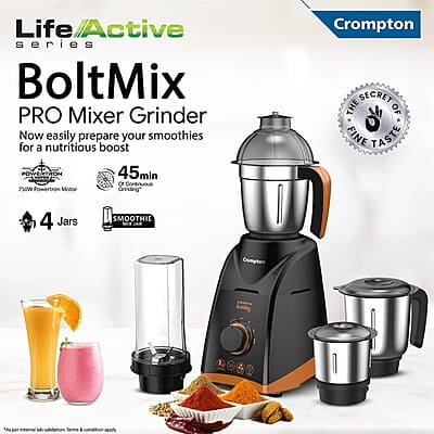 Crompton Boltmix Pro Mixer, Grinder & Blender, Heavy Duty 750W Powertron Motor, 3 Stainless steel Blade, 1 unbreakable jar & Motor Vent-X Technology Crompton Boltmix Pro Mixer, Grinder & Blender, Heavy Duty 750W Powertron Motor, 3 Stainless steel Blade, 1 unbreakable jar & Motor Vent-X Technology