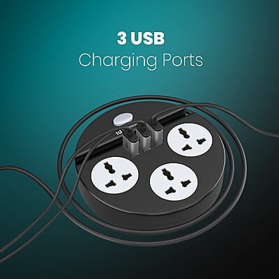 Portronics Power Plate 5 1500W Power Converter with USB Charger & Mobile Holder 3AC Socket + 3USB Ports, 1.5 m Cord Length