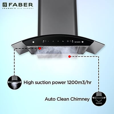 Faber 75 cm, 1200 m³/hr,Auto-Clean curved glass Kitchen Chimney (HOOD SUNNY HC SC BK 75, Filterless technology