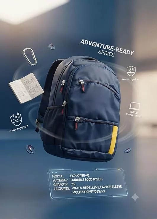 Navy Blue Backpack with Multiple Compartments and Yellow Accent Multiple Zip Pockets, Side Pocket, Padded Straps, School & Travel Use, Durable Nylon Build