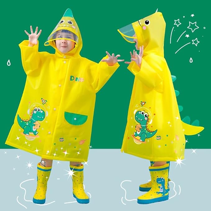 Dinosaur Kids Rain Coat EVA Hooded Jacket with Transparent Wide Brim Cartoon for Boys Girls 5-6 Years(No Boots Included)
