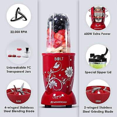 Wonderchef Nutri-blend BOLT Food Processor & Atta Kneader 600W 22000 RPM 4 unbreakable jars with Sipper lid Red