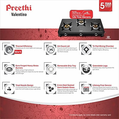 Preethi Valentino Glass top 3 Burner Gas Stove, Manual Ignition, Black ISI Approved