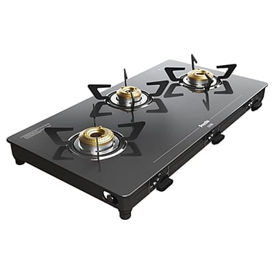 Preethi Luxe 3 Burner Glass Top Gas Stove With Driptray Less Infinity Design