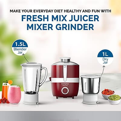 Cromptons Fresh-MIX, Juicer Mixer Grinder (2 Jars, High grade Stainless Steel mesh, unbreakable polycarbonate jar lids)