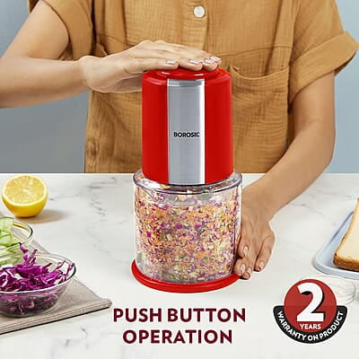 Borosil Chef Delite 300 Watts Electric Chopper for Kitchen, Twin Blade Technology, 600 ml 'chop-n-store' plastic bowl with lid, Vegetable Chopper, Cutter, Chop, Mince, Dice, Whisk, Blend, Red