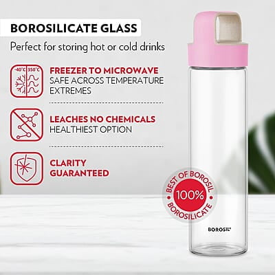 Borosil - Neo Glass Water Bottle|Fridge Bottle|Sports Bottle|Yoga Bottle|Outdoor|Picnic|Portable|Easy to Carry|Leak Proof|Resusable With Blue Handle, Transparent, Clear, See Through Bottle, 550 ML