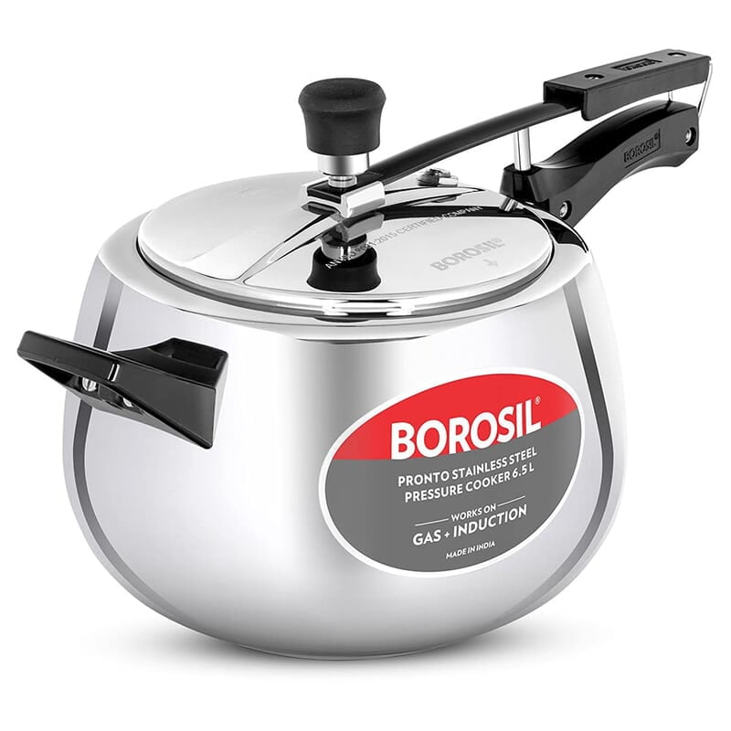 Borosil Pronto Induction Base Inner Lid Stainless Steel Pressure Cooker, 6.8 mm Thick Base, 6.5 L