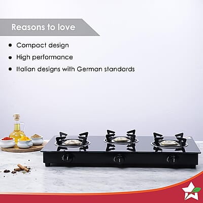 Wonderchef Platinum Plus 3 Burner Auto Glass Cooktop 6mm Toughened Glass LPG Compatible