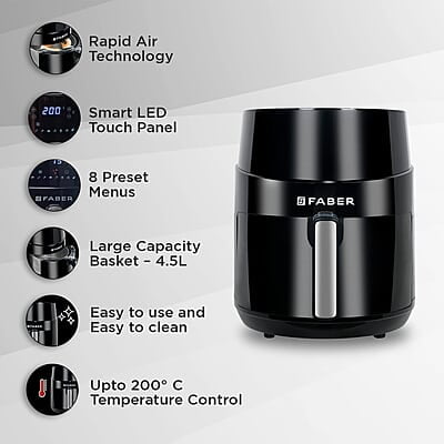 Faber 4.5L 1500W Air Fryer Fry, Bake, Roast, Toast, Defrost, Grill & Reheat 8-Preset Menu
