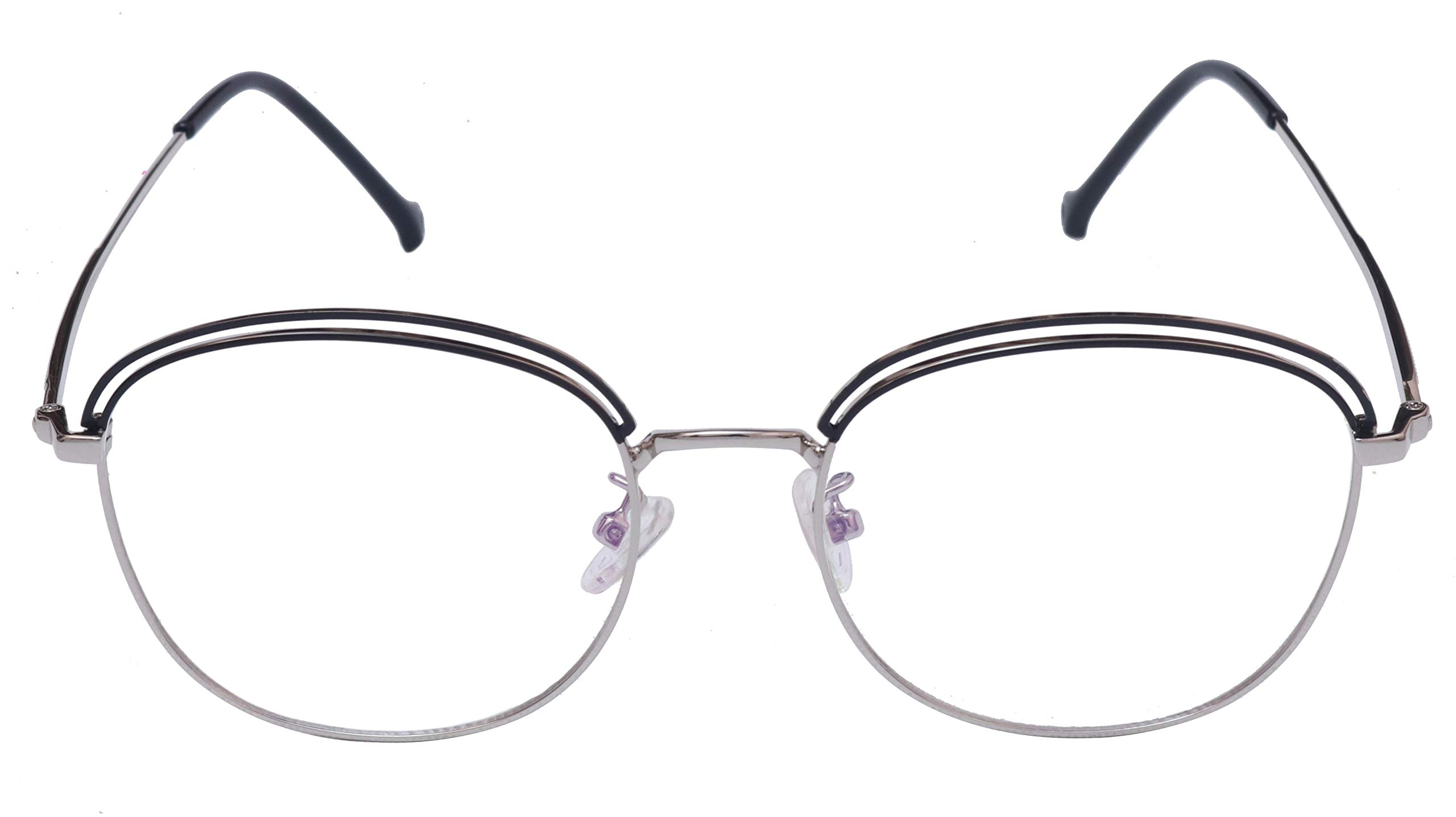 Female Square Large Spectacle Frames. Silver & Black Color Metal Frame. Transparent ARC Lens.