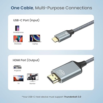 Portronics Konnect Vision C 4K 60Hz Type C to HDMI Cable with 1.8M Cord Length, Nylon Braided, Gold Plated Connectors for Laptop, Mobile, iPad Pro, MacBook, Chromebook, TV, Monitor(Grey) Portronics Konnect Vision C 4K 60Hz Type C to HDMI Cable with 1.8M Cord Length, Nylon Braided, Gold Plated Connectors for Laptop, Mobile, iPad Pro, MacBook, Chromebook, TV, Monitor(Grey)