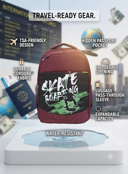 Skateboarding Graphic Backpack, Maroon and Black
