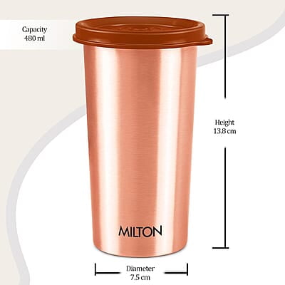MILTON Copper Drinking Water Tumbler with Lid, 1 Piece, 480 ml, Copper 100% Leak Proof
