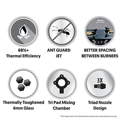 Preethi Alya Glass Top 3 Burner Gas Stove, Manual Ignition Preethi Alya Glass Top 3 Burner Gas Stove, Manual Ignition