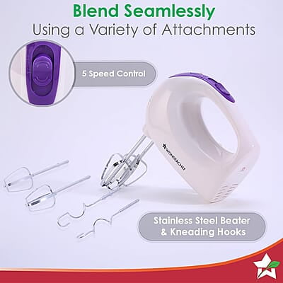 Wonderchef Acura Plus 200 W Electric Hand Mixer 5 Speed Option SS Beater Whisk and Dough Kneading Hooks