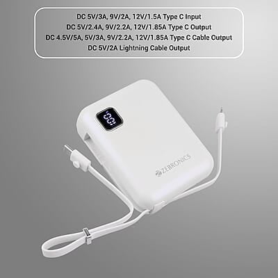 ZEBRONICS MW64 Compact Power Bank, 10000 mAh, Rapid Charge, 22.5W Output, Outputs - Type C Cable | Type C Port | Lightning Port, Percentage Indicator