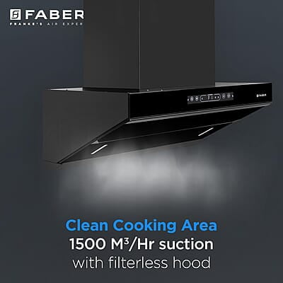 Faber 90cm 1500m³/hr Autoclean Kitchen Chimney Digital Display Filterless Slant Body T-Shape Panel Touch+Gesture