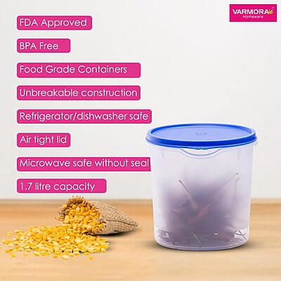 Varmora Magnum Round Smart Kitchen Storage Plastic Container – Blue Lid (1 Litres) (Pack of 4)