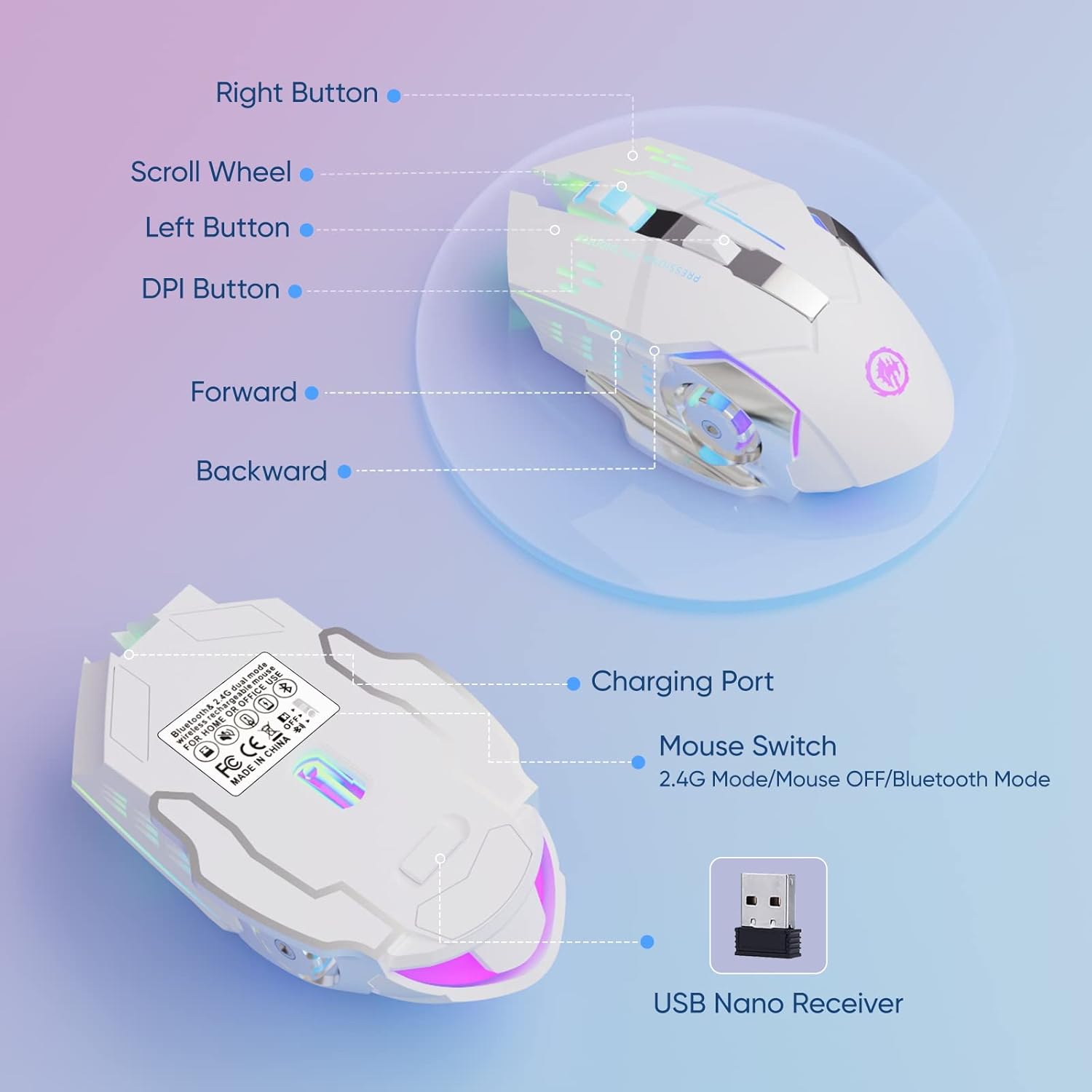 Wireless Gaming Mouse AD-WB-148, Bluetooth RGB Rechargeable, 2.4G USB, 7-Color Backlit, 6 Buttons and Silent Click for Laptop, PC, Mac Wireless Gaming Mouse AD-WB-148, Bluetooth RGB Rechargeable, 2.4G USB, 7-Color Backlit, 6 Buttons and Silent Click for Laptop, PC, Mac