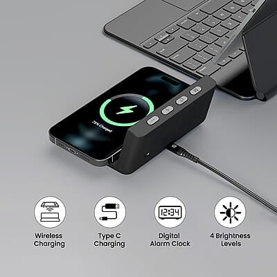 Portronics Freedom 4A Digital Alarm Clock with 15 W Fast Wireless Mobile Charger, Compatible with The iPhone Series