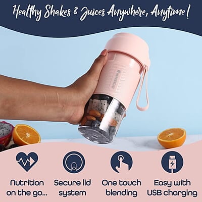 Wonderchef Plastic Nutri-Cup Portable Blender Usb Charging Rechargeable Blender 300Ml Pink