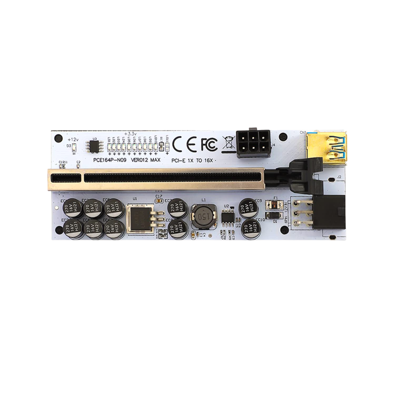 ​Geonix PCI-E 1X to 16X Riser Card, 10 Capacitors, 11 LED Indicators, SATA Power Cable (20cm), USB Cable (60cm) - PCE164P-N09 VER012 MAX