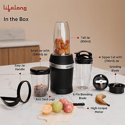 Lifelong Nutri Blender for Smoothies and Juices 100% Copper Motor- 1000 Watt with Detachable Handle 3 jars Mixer Grinder Lifelong Nutri Blender for Smoothies and Juices 100% Copper Motor- 1000 Watt with Detachable Handle 3 jars Mixer Grinder